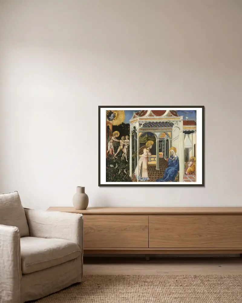 Bebådelsen och utdrivningen ur paradiset av Giovanni di Paolo inramad på en vägg