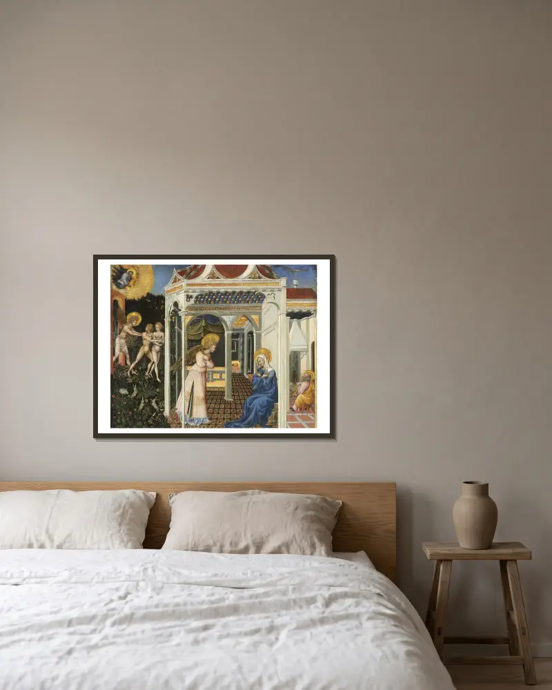 Bebådelsen och utdrivningen ur paradiset av Giovanni di Paolo inramad på en vägg