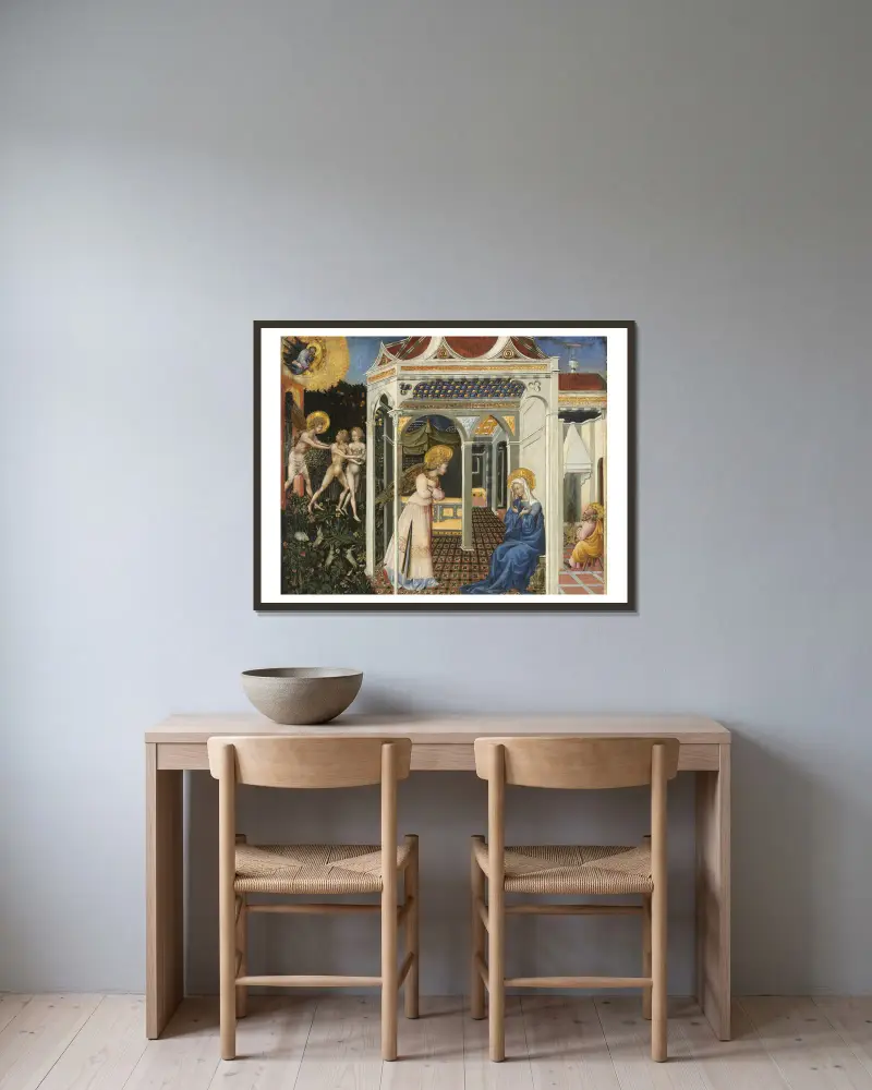 Bebådelsen och utdrivningen ur paradiset av Giovanni di Paolo inramad på en vägg