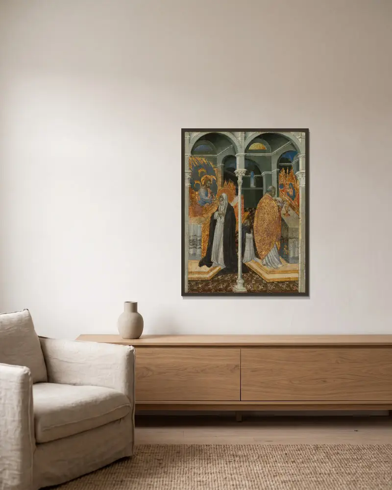 Den mirakulösa kommunionen av Katarina av Siena av Giovanni di Paolo inramad på en vägg