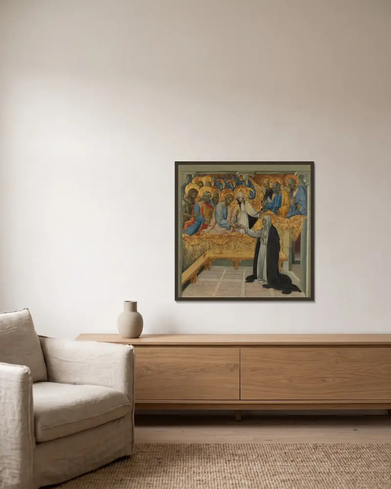 Die mystische Vermählung der heiligen Katharina von Siena von Giovanni di Paolo gerahmt an einer Wand