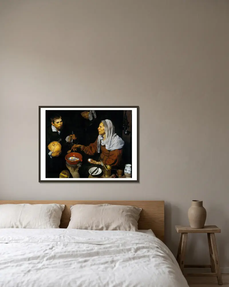 Stařenka smažící vejce, Diego Velázquez v rámu na stěně