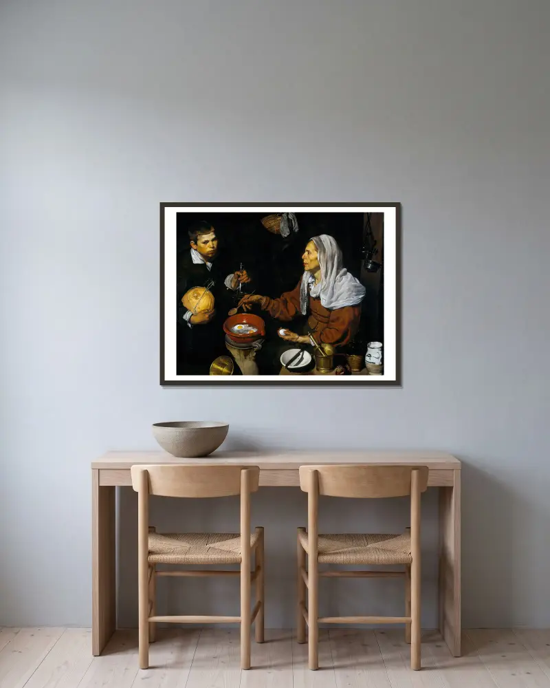 Stařenka smažící vejce, Diego Velázquez v rámu na stěně