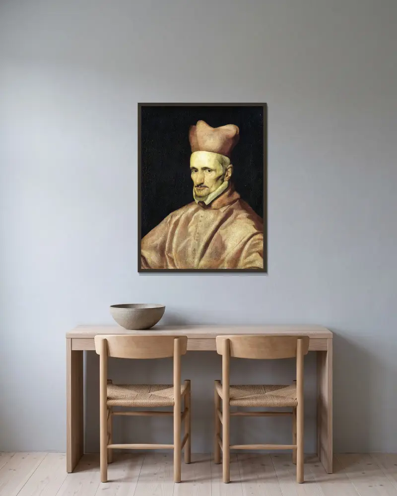 Porträtt av kardinal Gaspar de Borja y Velasco av Diego Velázquez inramad på en vägg