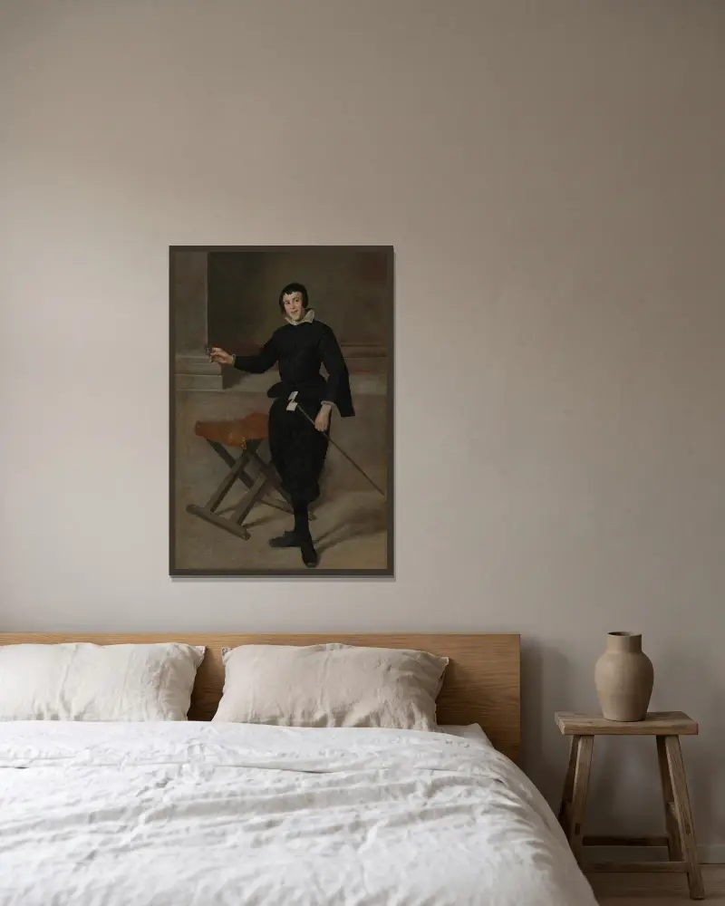 Porträtt av hovnarren Calabazas av Diego Velázquez inramad på en vägg