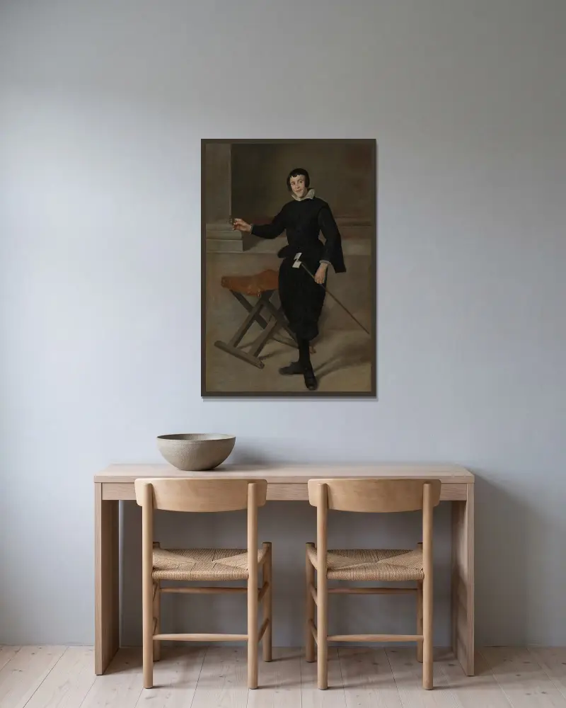 Porträtt av hovnarren Calabazas av Diego Velázquez inramad på en vägg