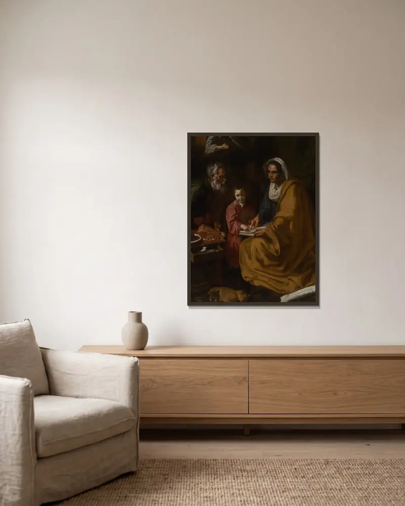 Jungfruns undervisning av Diego Velázquez inramad på en vägg