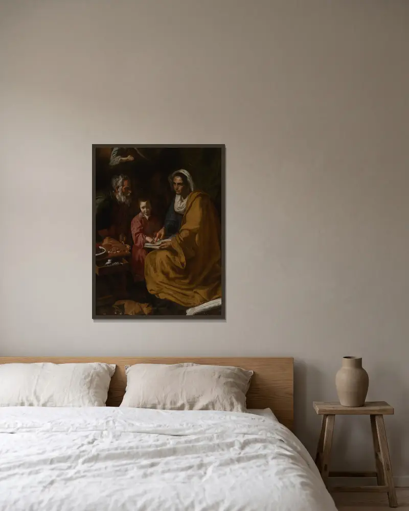 Jungfruns undervisning av Diego Velázquez inramad på en vägg