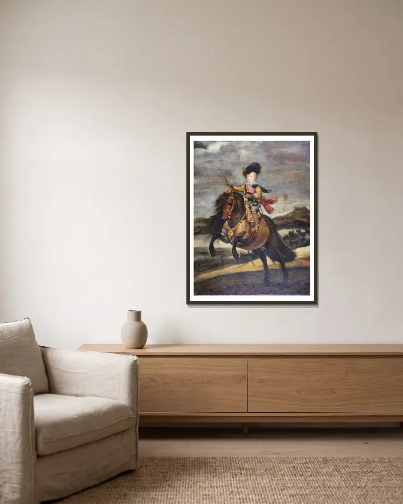 The Infante Baltasar Carlos on Horseback av Diego Velázquez inramad på en vägg