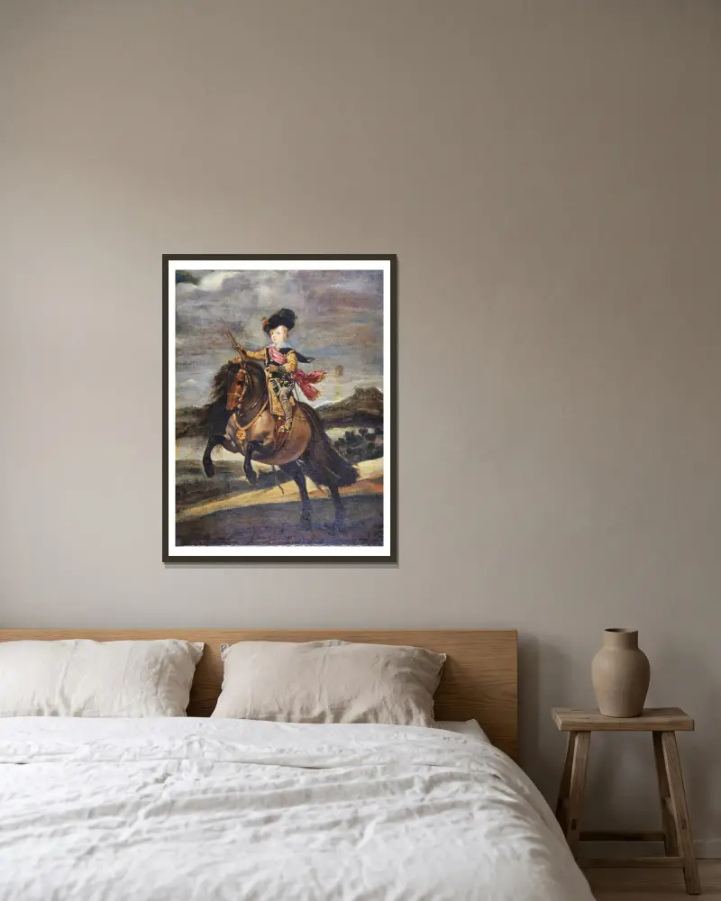The Infante Baltasar Carlos on Horseback av Diego Velázquez inramad på en vägg