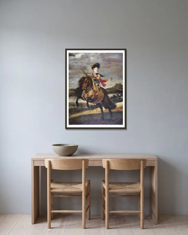 The Infante Baltasar Carlos on Horseback av Diego Velázquez inramad på en vägg