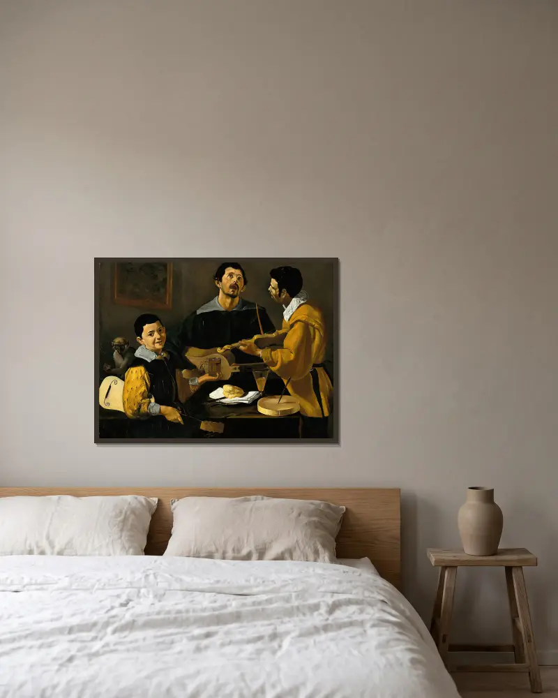 Die drei Musikanten von Diego Velázquez gerahmt an einer Wand
