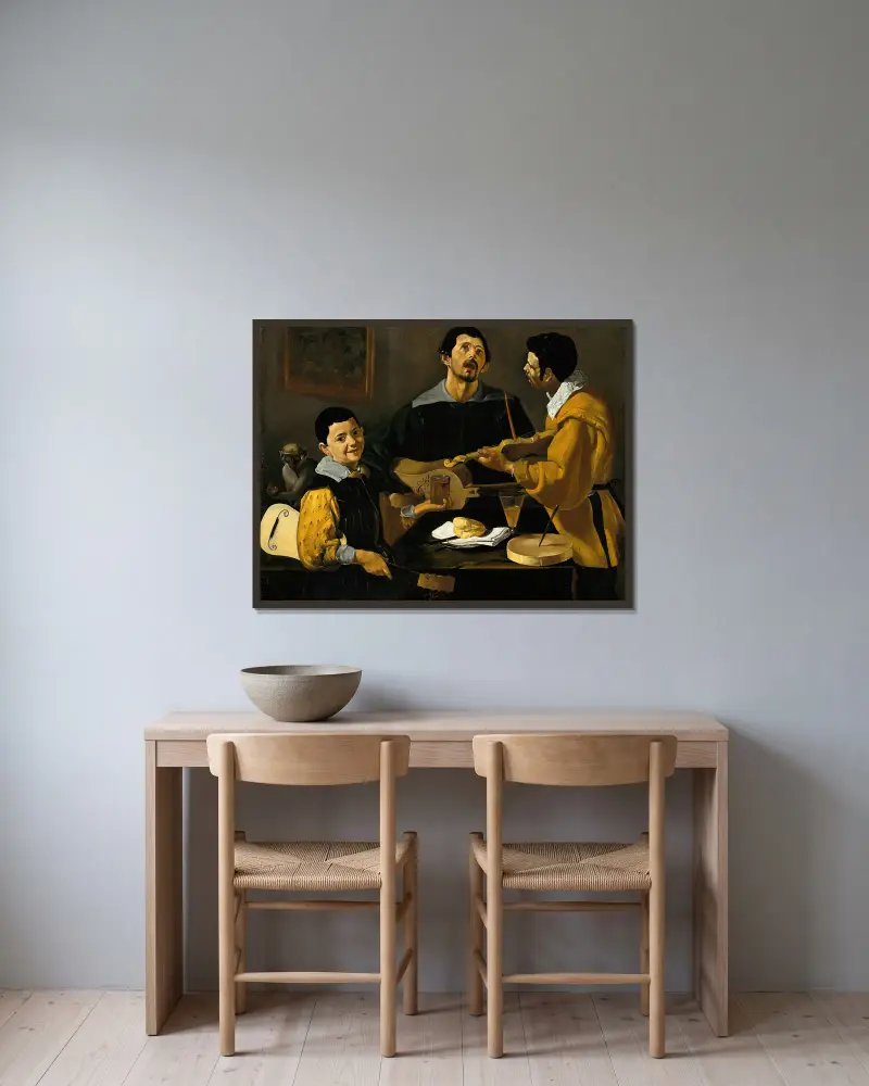 Die drei Musikanten von Diego Velázquez gerahmt an einer Wand