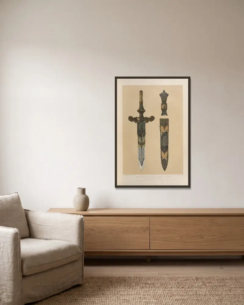 Dagger and sheath in the Damascene work, by Zuloago of Madrid av Matthew Digby Wyatt inramad på en vägg