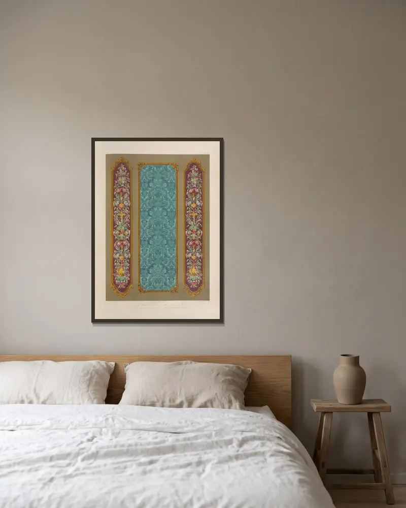 Tapetenmuster von Woollams aus London von Matthew Digby Wyatt gerahmt an einer Wand