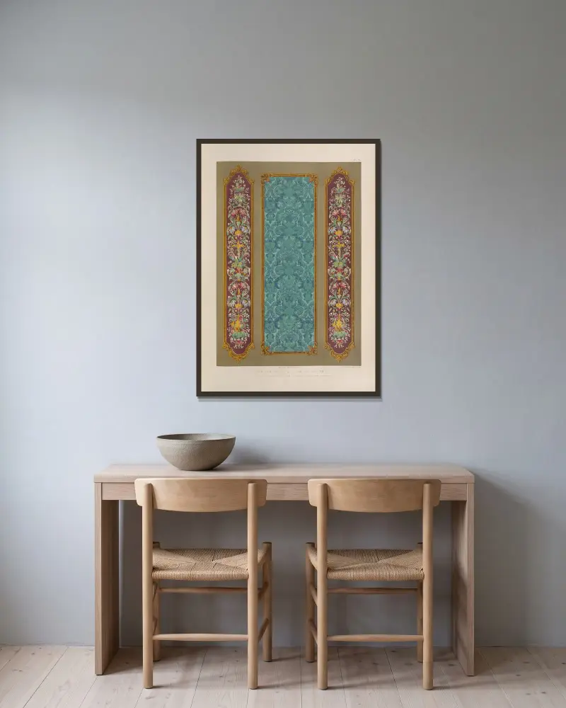 Tapetenmuster von Woollams aus London von Matthew Digby Wyatt gerahmt an einer Wand