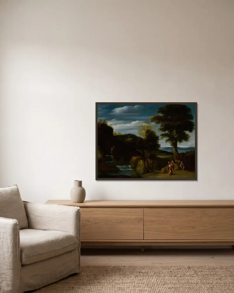 Landschaft mit einem Eremiten von Domenichino gerahmt an einer Wand