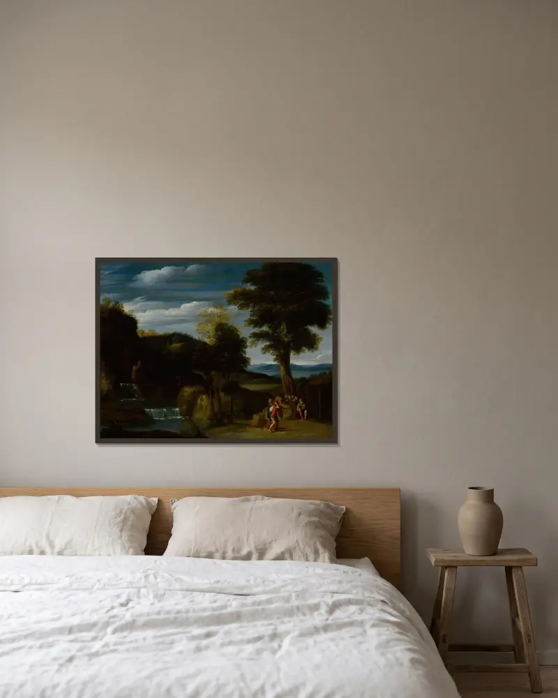 Landschaft mit einem Eremiten von Domenichino gerahmt an einer Wand