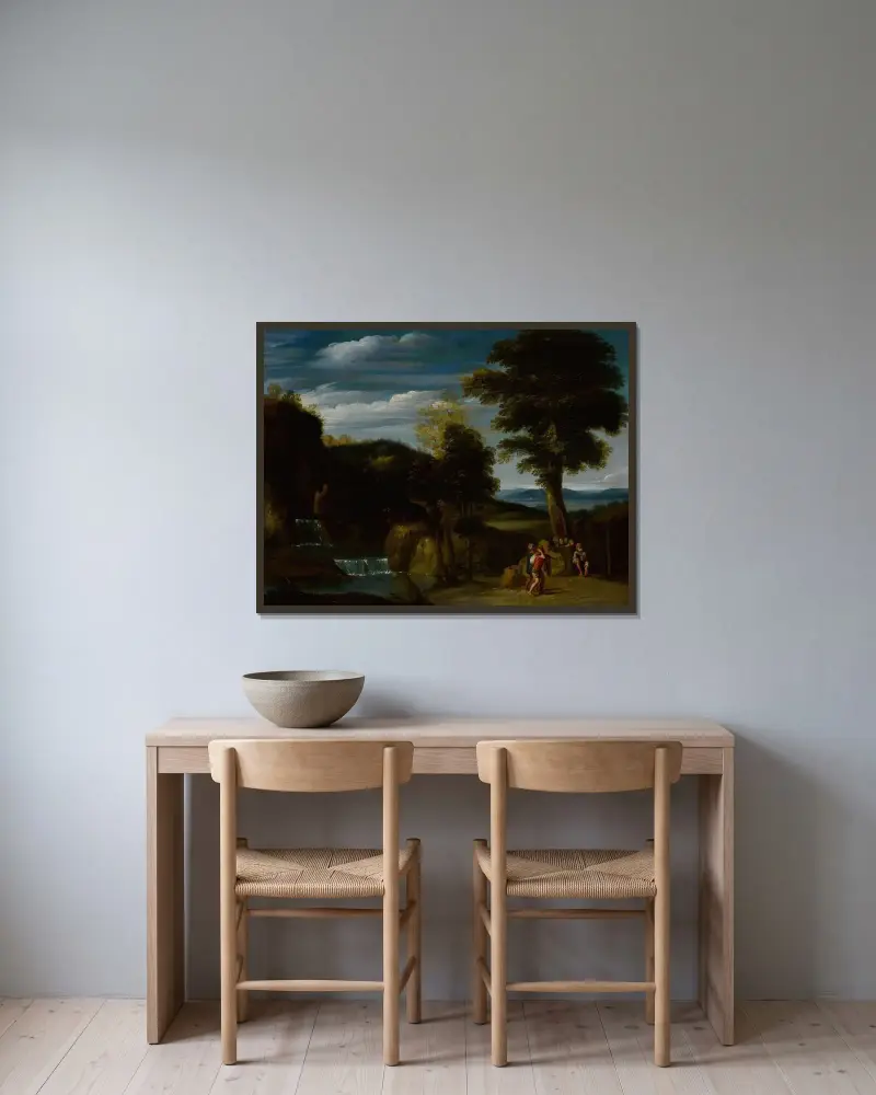 Landschaft mit einem Eremiten von Domenichino gerahmt an einer Wand