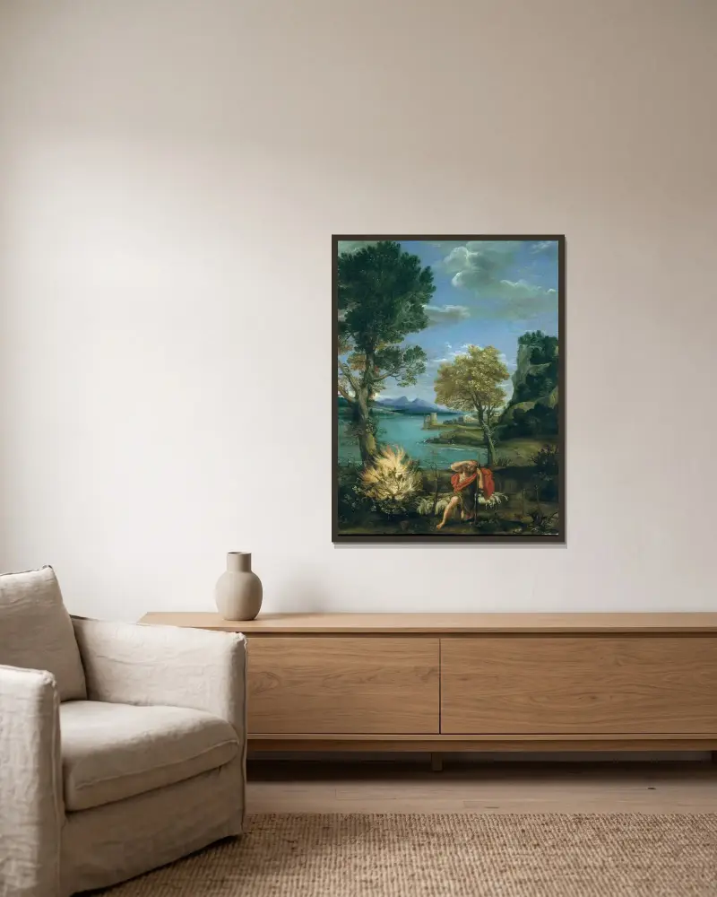 Landschaft mit Moses und dem brennenden Dornbusch von Domenichino gerahmt an einer Wand