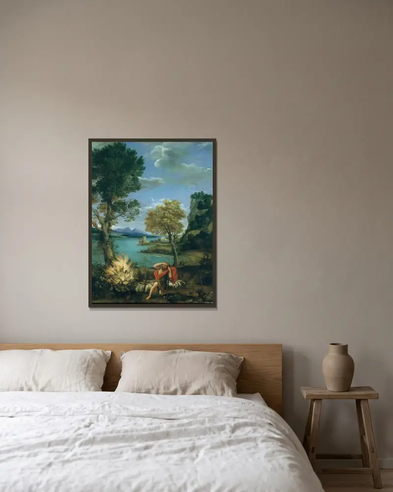 Landschaft mit Moses und dem brennenden Dornbusch von Domenichino gerahmt an einer Wand