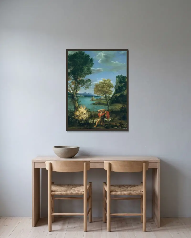 Landschaft mit Moses und dem brennenden Dornbusch von Domenichino gerahmt an einer Wand