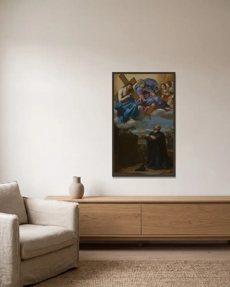 Die Vision des heiligen Ignatius von Loyola von Christus und Gott dem Vater in La Storta von Domenichino gerahmt an einer Wand