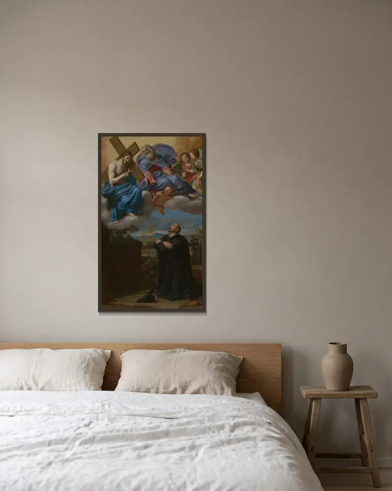 Die Vision des heiligen Ignatius von Loyola von Christus und Gott dem Vater in La Storta von Domenichino gerahmt an einer Wand