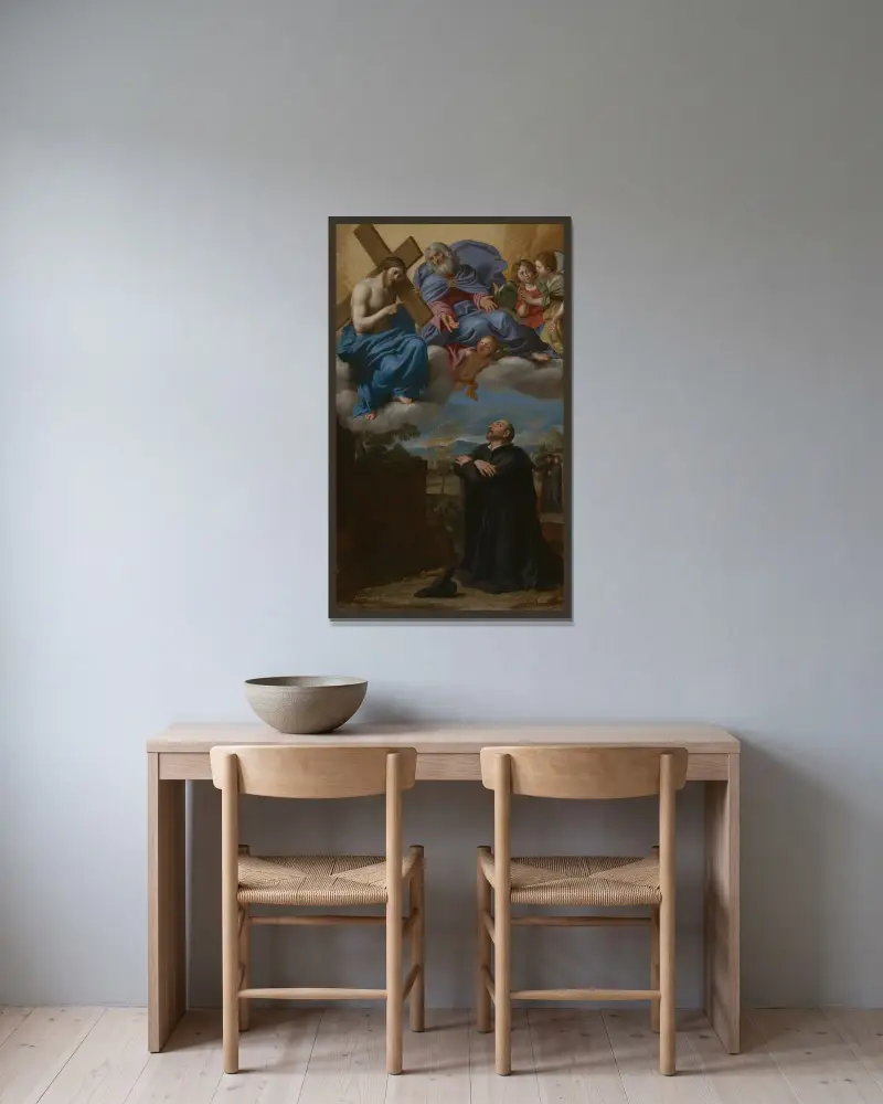 Die Vision des heiligen Ignatius von Loyola von Christus und Gott dem Vater in La Storta von Domenichino gerahmt an einer Wand