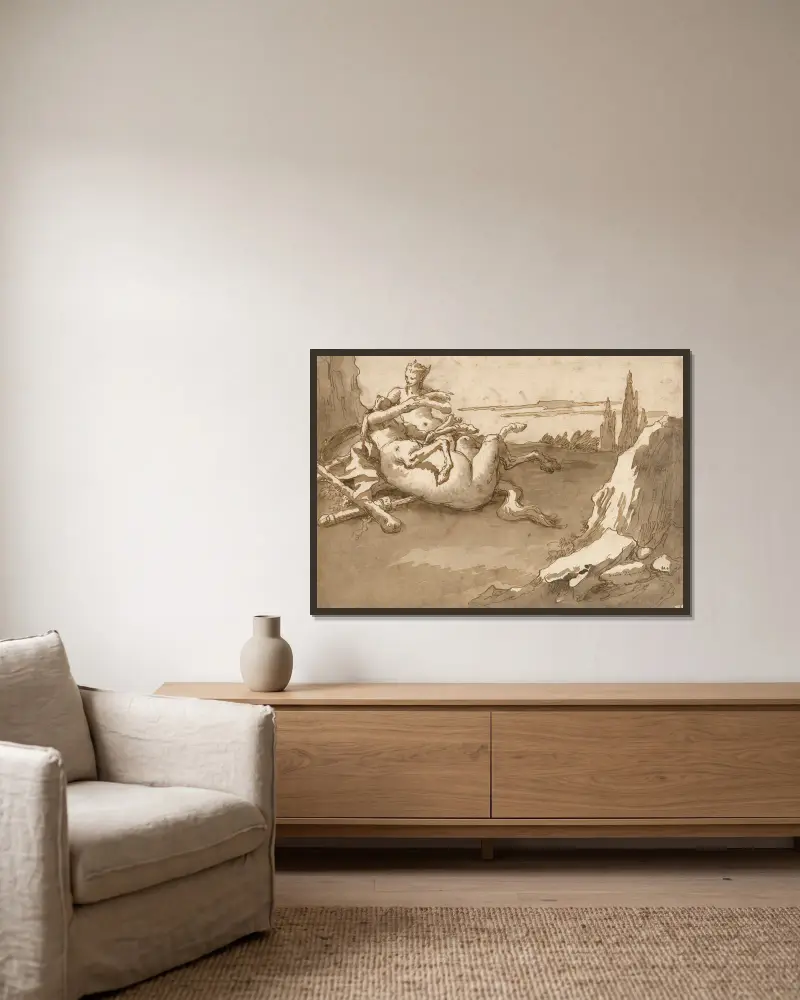 En kentaur och en kvinnlig faun i ett landskap av Giovanni Domenico Tiepolo inramad på en vägg