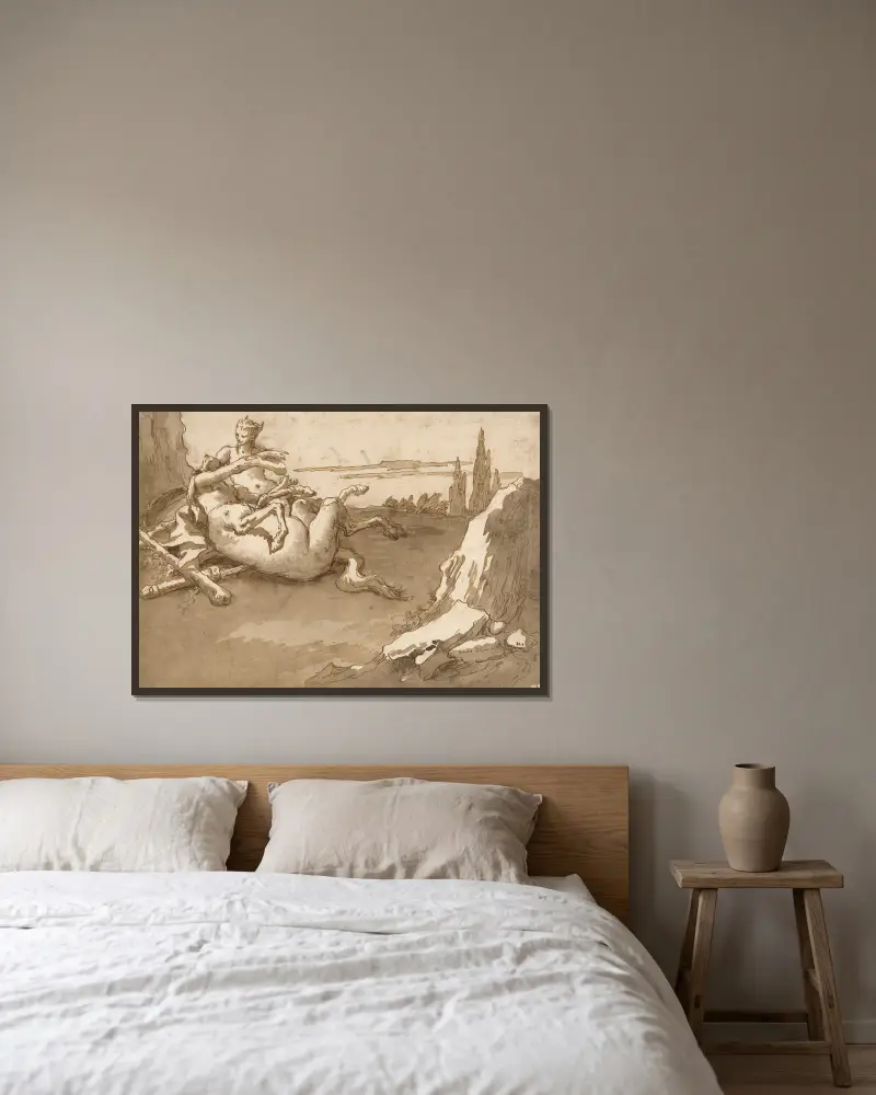 En kentaur och en kvinnlig faun i ett landskap av Giovanni Domenico Tiepolo inramad på en vägg