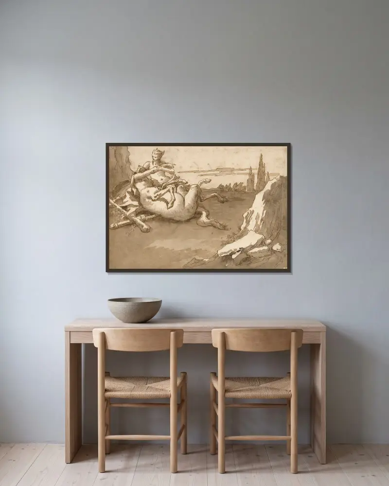 En kentaur och en kvinnlig faun i ett landskap av Giovanni Domenico Tiepolo inramad på en vägg