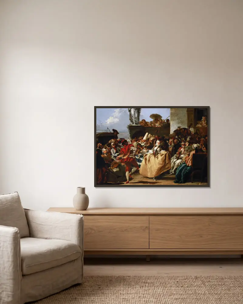 Karnevalsscen eller menuetten av Giovanni Domenico Tiepolo inramad på en vägg