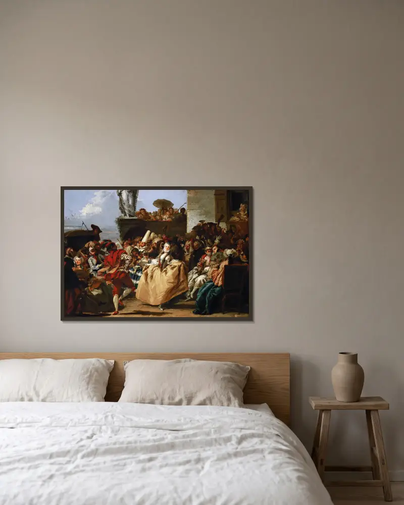 Karnevalsscen eller menuetten av Giovanni Domenico Tiepolo inramad på en vägg
