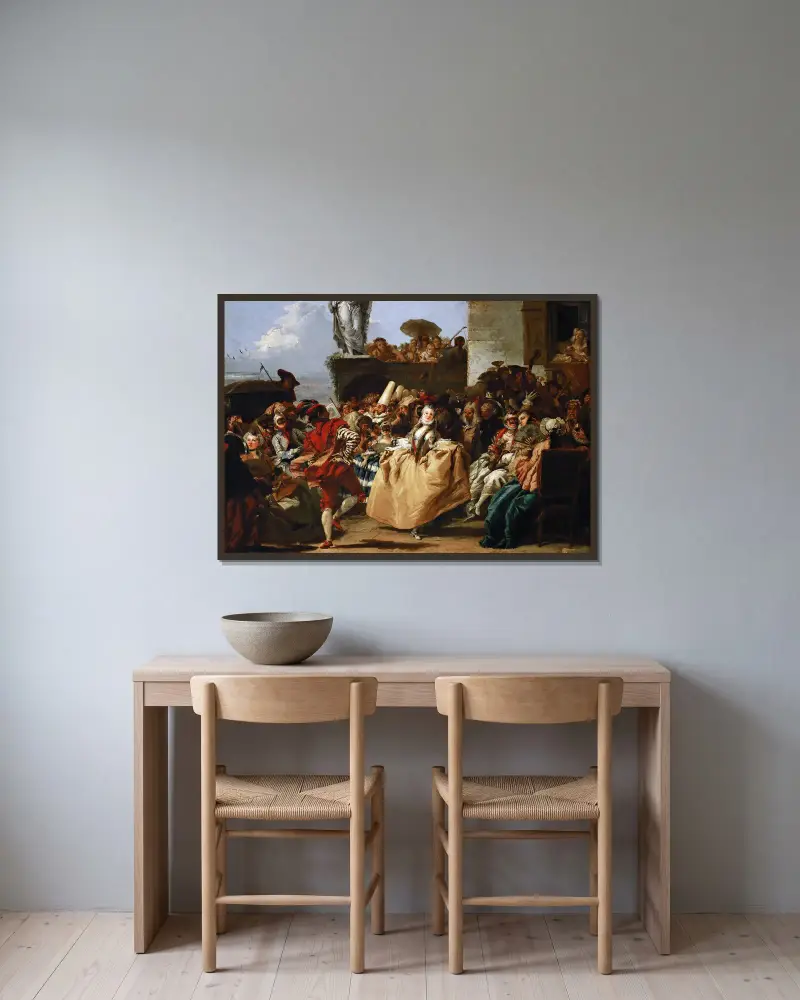 Karnevalsscen eller menuetten av Giovanni Domenico Tiepolo inramad på en vägg