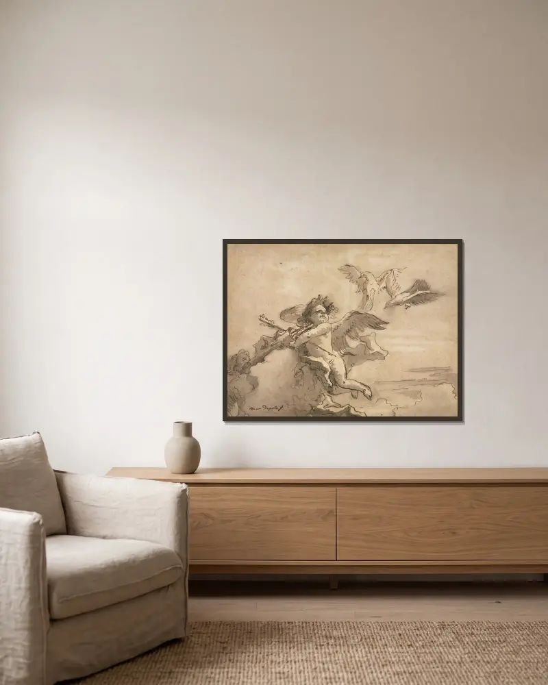 Cupid Blindfolded and Two Doves av Giovanni Domenico Tiepolo inramad på en vägg