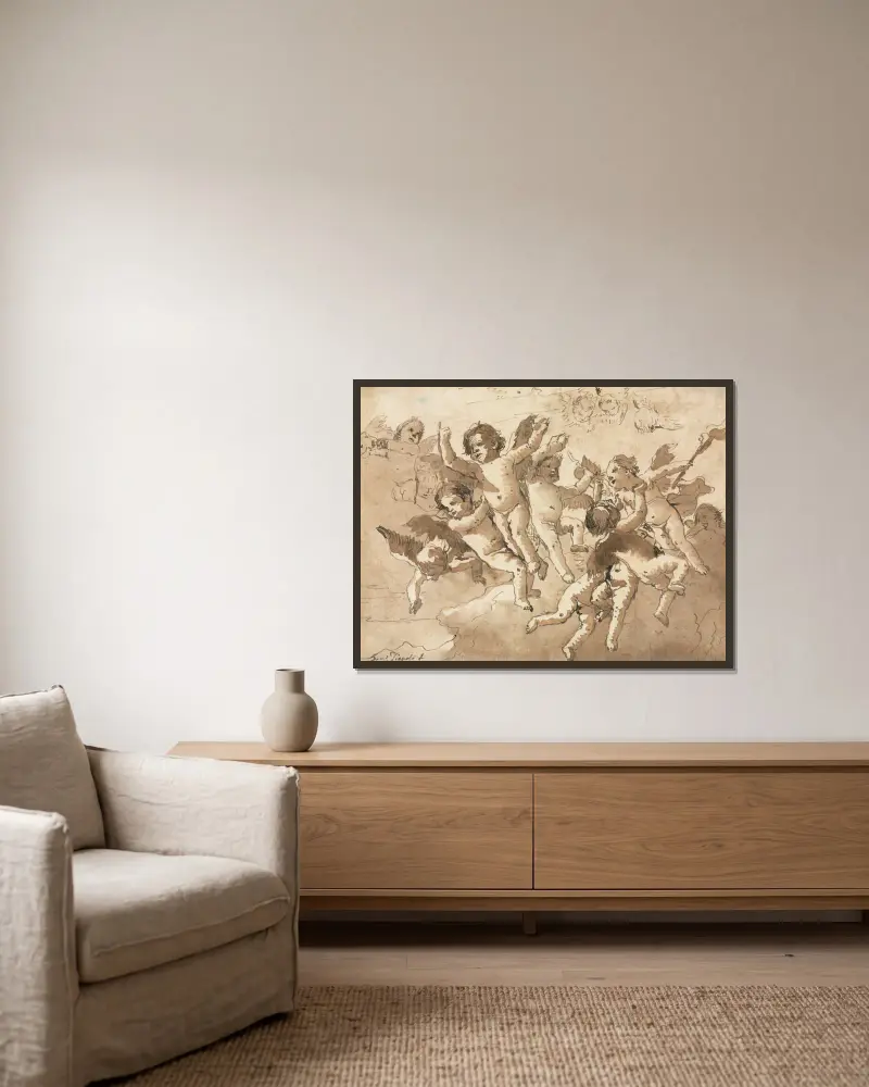 Amor in den Wolken mit dienenden Cheruben von Giovanni Domenico Tiepolo gerahmt an einer Wand