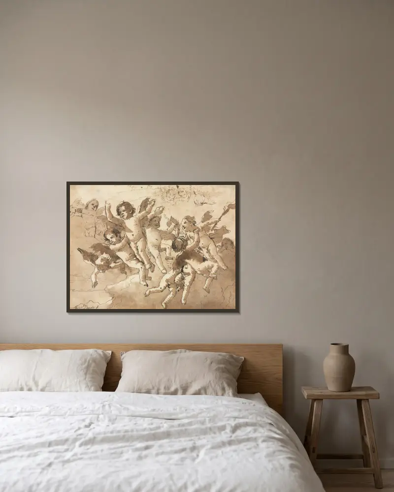 Amor in den Wolken mit dienenden Cheruben von Giovanni Domenico Tiepolo gerahmt an einer Wand