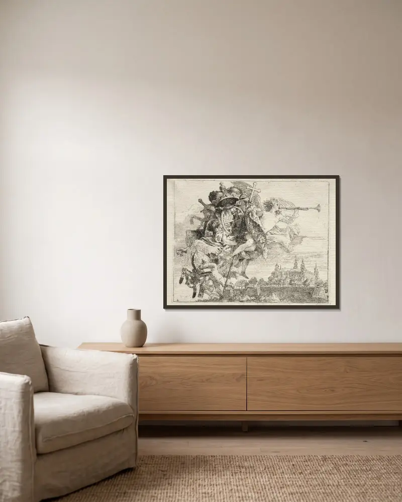 Widmung mit geflügelter Figur des Ruhms, das Wappen des Fürstbischofs von Würzburg tragend von Giovanni Domenico Tiepolo gerahmt an einer Wand