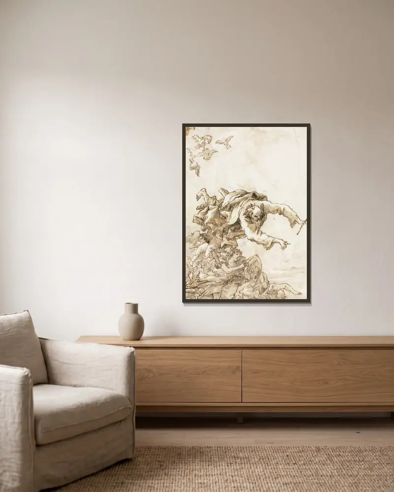 Gud Fadern med änglar och keruber av Giovanni Domenico Tiepolo inramad på en vägg