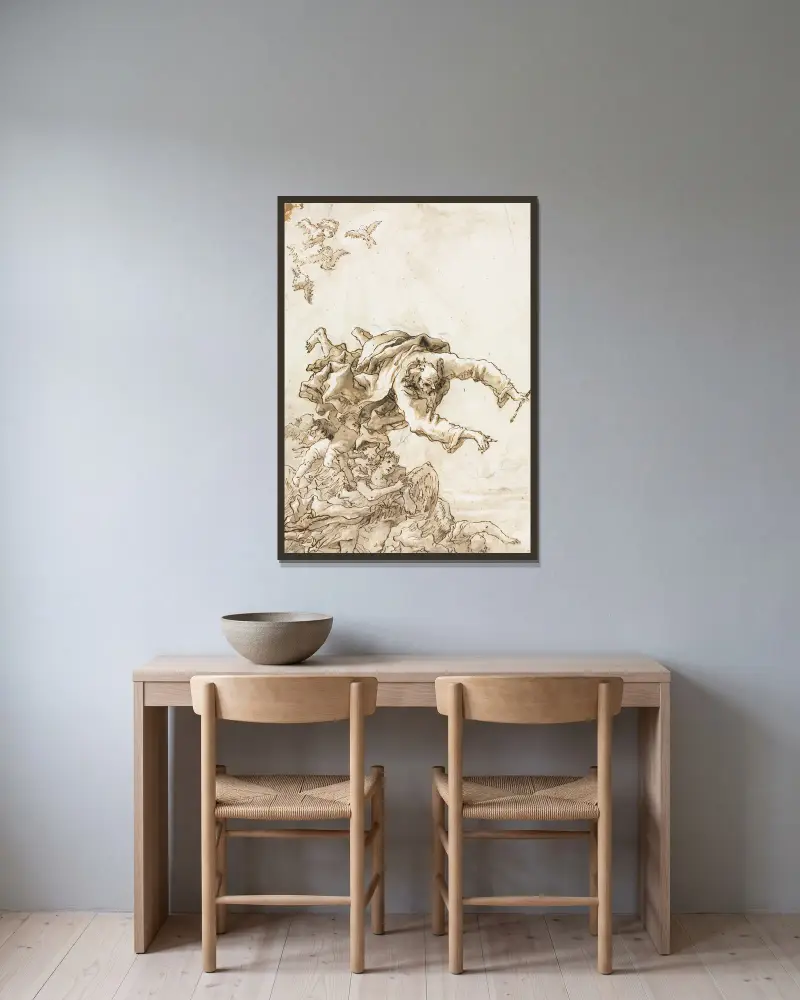 Gud Fadern med änglar och keruber av Giovanni Domenico Tiepolo inramad på en vägg