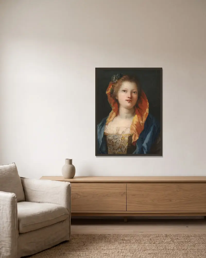 Porträtt av en kvinna av Giovanni Domenico Tiepolo inramad på en vägg