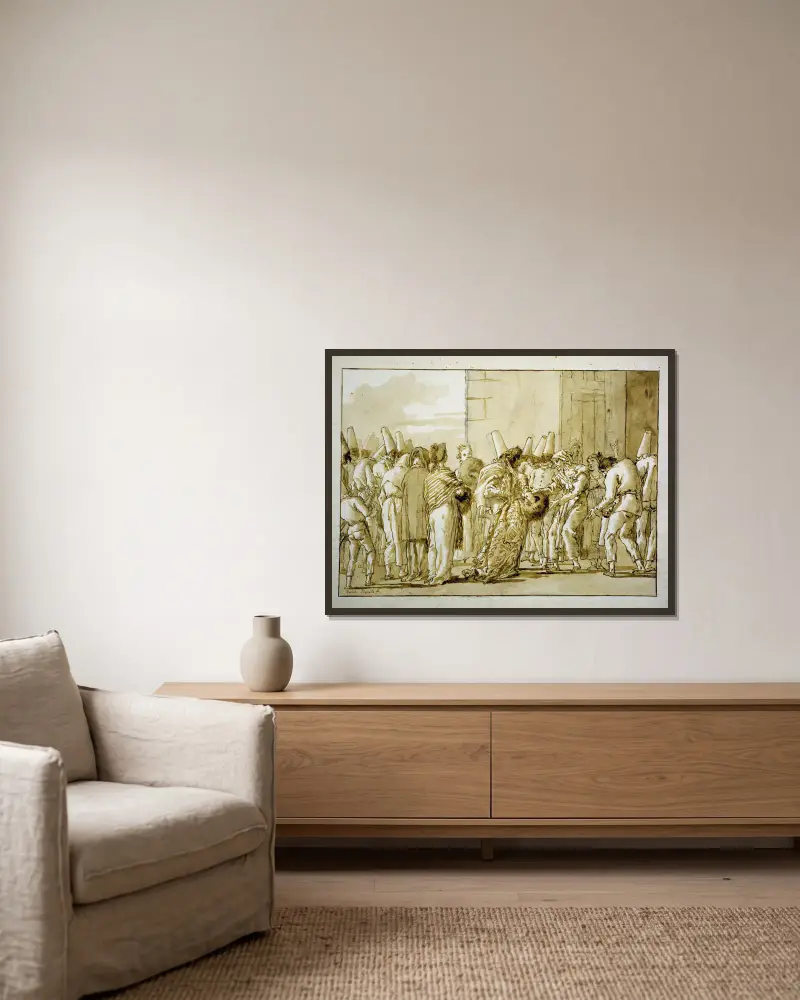 Punchinellas Vater bringt seine Braut nach Hause von Giovanni Domenico Tiepolo gerahmt an einer Wand