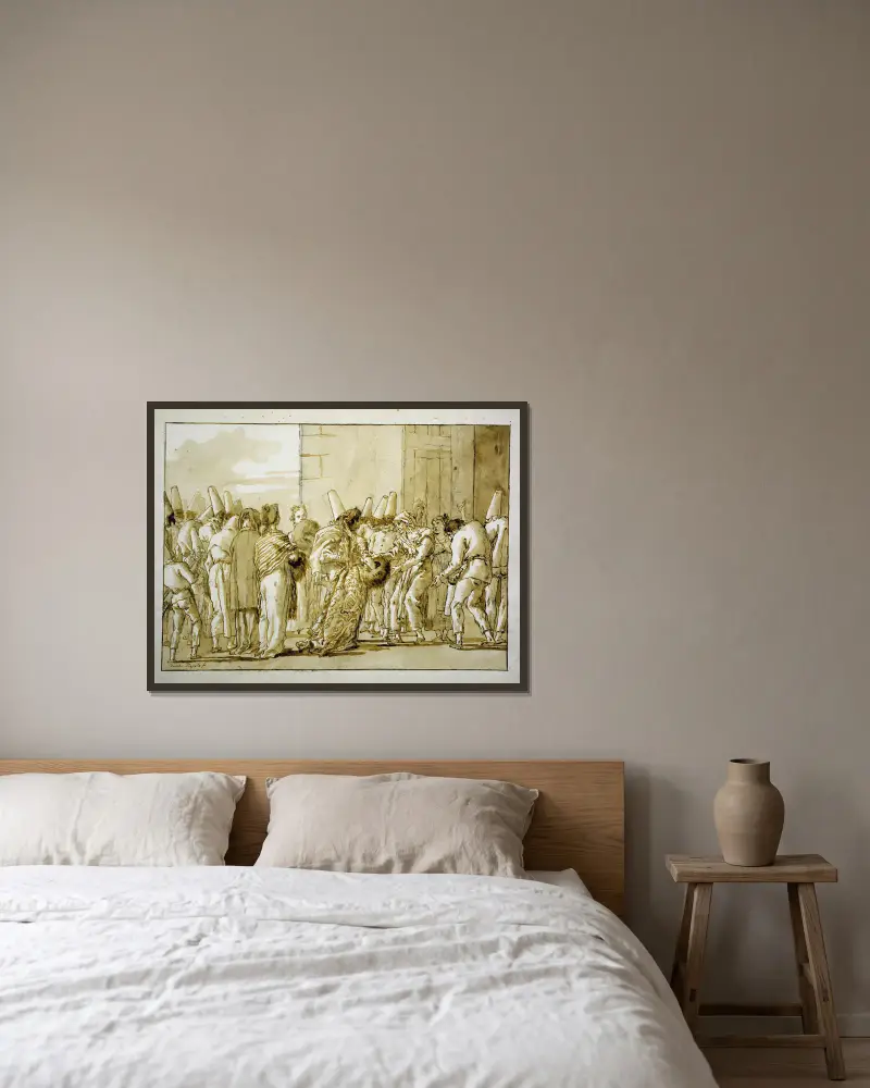 Punchinellas Vater bringt seine Braut nach Hause von Giovanni Domenico Tiepolo gerahmt an einer Wand