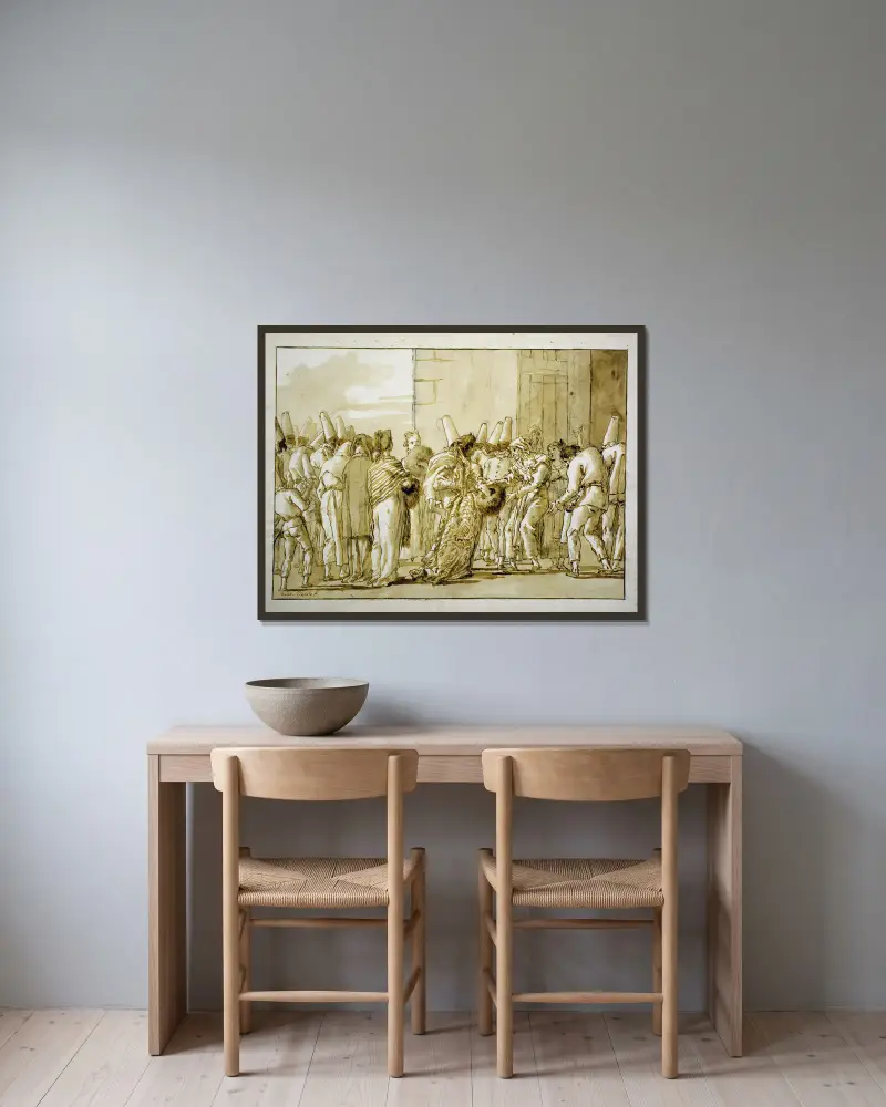Punchinellas Vater bringt seine Braut nach Hause von Giovanni Domenico Tiepolo gerahmt an einer Wand