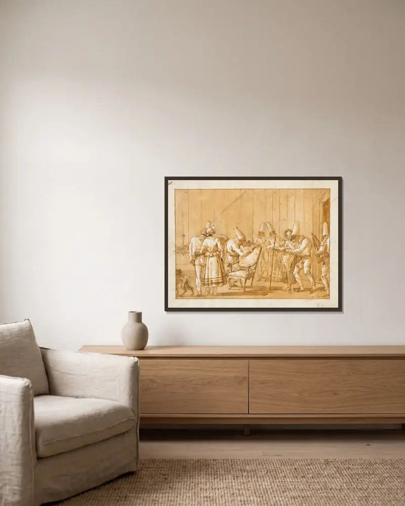 Punchinello hjälps till en stol av Giovanni Domenico Tiepolo inramad på en vägg