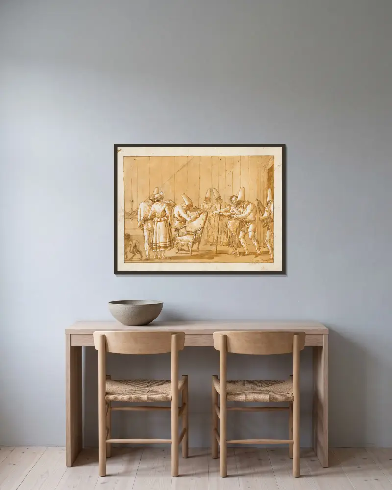 Punchinello hjälps till en stol av Giovanni Domenico Tiepolo inramad på en vägg