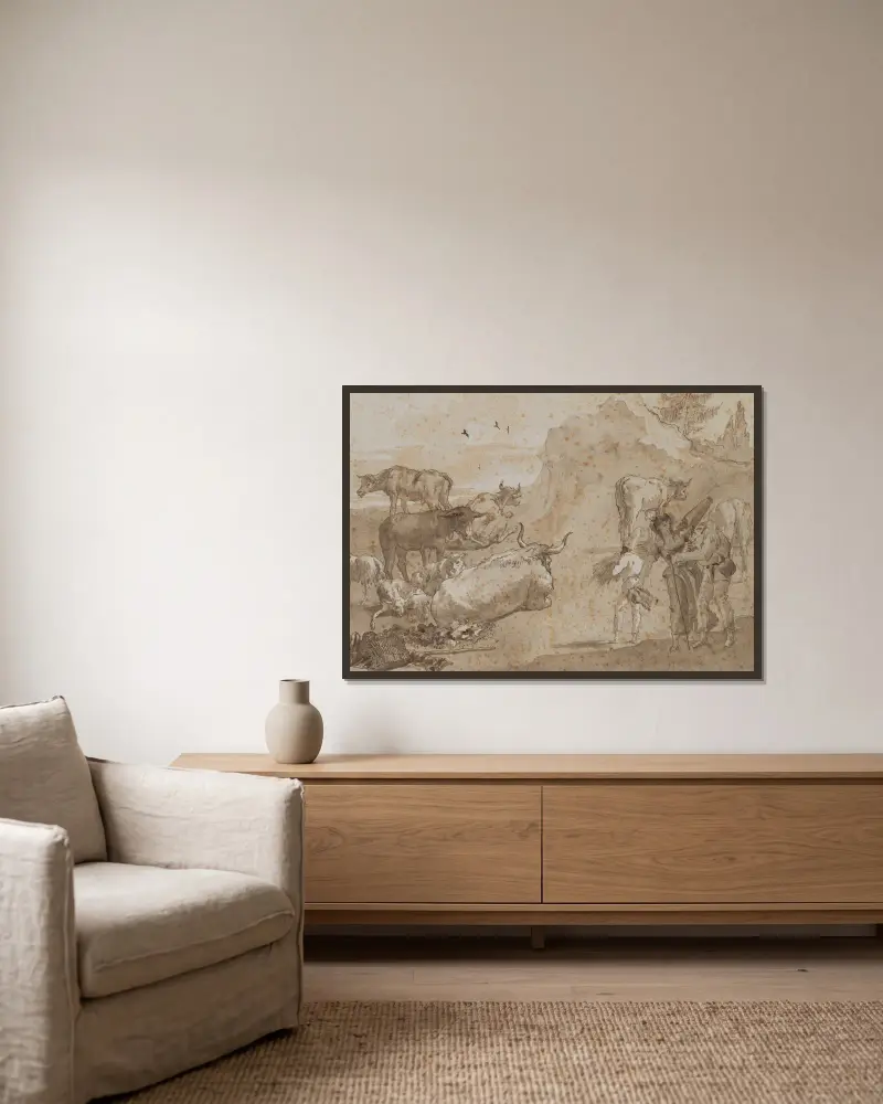 Ovce a krávy, Giovanni Domenico Tiepolo v rámu na stěně