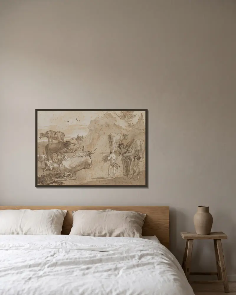 Ovce a krávy, Giovanni Domenico Tiepolo v rámu na stěně