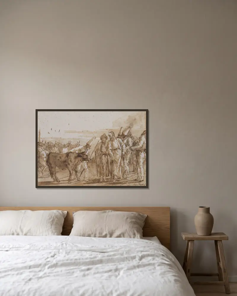 Der Viehhändler von Giovanni Domenico Tiepolo gerahmt an einer Wand